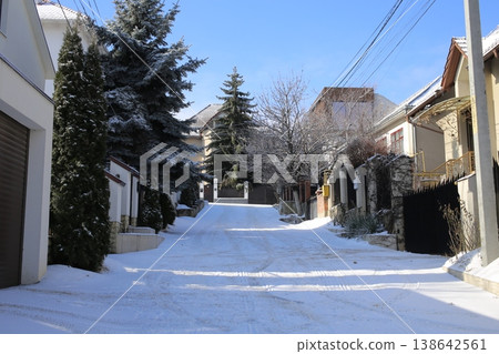 The alley is covered with fresh snow. Sunny day. The alley is covered with fresh snow. Sunny day. 138642561