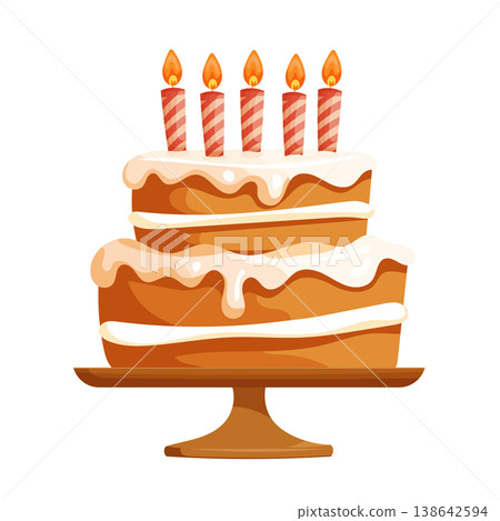 Festive Layered Birthday Cake with Candles on Stand. Colorful Cartoon Style Celebration Dessert Isolated on White Background. Festive Layered Birthday Cake with Candles on Stand. Colorful Cartoon Style Celebration Dessert Isolated on White Background. 138642594