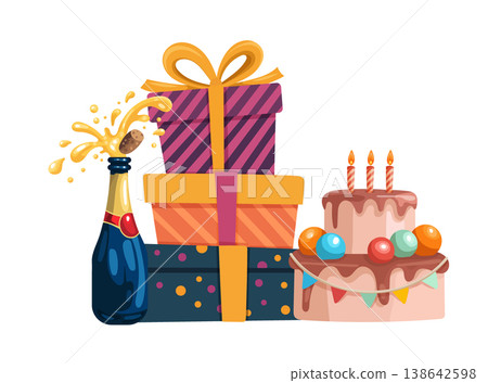 Festive Birthday Celebration Illustration with Gift Boxes, Cake and Champagne. Colorful party vector design featuring wrapped presents, cake with candles and sparkling bottle isolated on white backgro Festive Birthday Celebration Illustration with Gift Boxes, Cake and Champagne. Colorful party vector design featuring wrapped presents, cake with candles and sparkling bottle isolated on white backgro 138642598