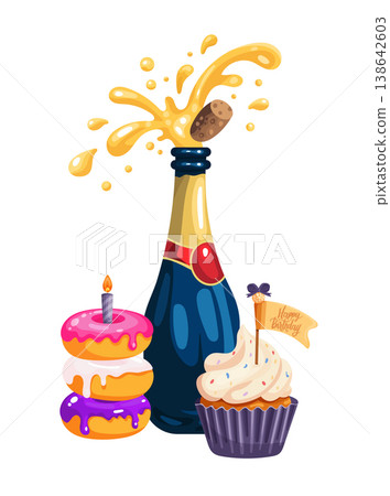 Festive birthday celebration vector with champagne bottle popping cork, colorful donuts with icing, and cupcake with candle and flag. Bright cartoon style illustration isolated on white background. Festive birthday celebration vector with champagne bottle popping cork, colorful donuts with icing, and cupcake with candle and flag. Bright cartoon style illustration isolated on white background. 138642603