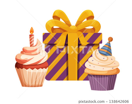 Birthday Celebration Cupcakes with Gift Box. Festive flat vector illustration of colorful cupcakes with candle and party hat beside a striped present box isolated on white background. Birthday Celebration Cupcakes with Gift Box. Festive flat vector illustration of colorful cupcakes with candle and party hat beside a striped present box isolated on white background. 138642606