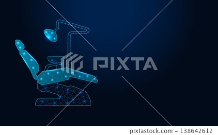 Low poly wireframe dental chair on dark blue background. Low poly wireframe dental chair on dark blue background. 138642612