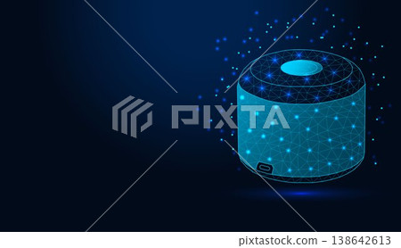 Low poly wireframe smart speaker on dark blue background. Low poly wireframe smart speaker on dark blue background. 138642613