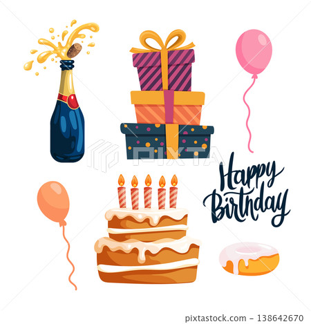 Birthday Celebration Set with Cake, Balloons, Gifts and Champagne.Festive flat vector illustration including party elements and Happy Birthday lettering, isolated on light background for greeting card Birthday Celebration Set with Cake, Balloons, Gifts and Champagne.Festive flat vector illustration including party elements and Happy Birthday lettering, isolated on light background for greeting card 138642670