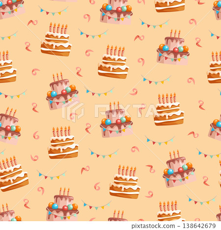 Seamless Birthday Cake Pattern with Candles and Party Bunting. Colorful festive background featuring layered cakes, confetti swirls, and celebration decor in cute flat vector. Seamless Birthday Cake Pattern with Candles and Party Bunting. Colorful festive background featuring layered cakes, confetti swirls, and celebration decor in cute flat vector. 138642679