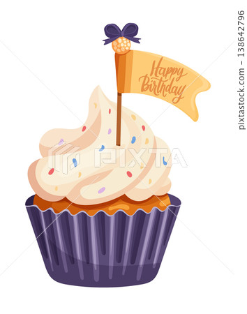 Festive birthday cupcake with creamy vanilla frosting and colorful sprinkles topped with a Happy Birthday flag. Cute flat vector illustration isolated on white background, perfect for party designs an 138642796