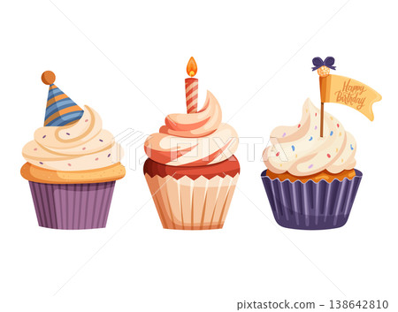 Set of three colorful birthday cupcakes with creamy frosting, party hat, candle and festive flag isolated on white background. Cute flat vector illustration for celebration, greeting cards and invitat Set of three colorful birthday cupcakes with creamy frosting, party hat, candle and festive flag isolated on white background. Cute flat vector illustration for celebration, greeting cards and invitat 138642810