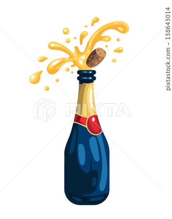 Cartoon Champagne Bottle with Popping Cork and Splash. Festive sparkling wine explosion. Flat vector clipart, illustration with isolated background. Cartoon Champagne Bottle with Popping Cork and Splash. Festive sparkling wine explosion. Flat vector clipart, illustration with isolated background. 138643014