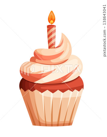 Birthday Cupcake with Cream Swirl and Lit Candle Illustration. Sweet festive dessert in flat vector style isolated on white background, perfect for party design, greeting cards and celebration graphic Birthday Cupcake with Cream Swirl and Lit Candle Illustration. Sweet festive dessert in flat vector style isolated on white background, perfect for party design, greeting cards and celebration graphic 138643041