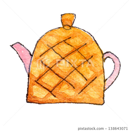 水彩風格的茶壺插圖，附有茶壺套。 138643071