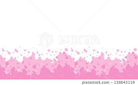 A seamless horizontal border of pink and white soap bubbles creates a frothy foam pattern on a clean white background. A seamless horizontal border of pink and white soap bubbles creates a frothy foam pattern on a clean white background. 138643119