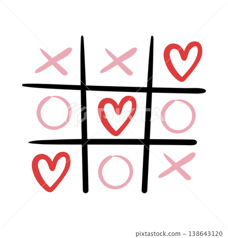 Hand-drawn tic-tac-toe featuring red hearts, pink crosses and circles on a white background. This romantic card is ideal for Valentine's Day. Hand-drawn tic-tac-toe featuring red hearts, pink crosses and circles on a white background. This romantic card is ideal for Valentine's Day. 138643120
