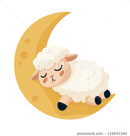 Cute Sleeping Sheep on Crescent Moon. Adorable nursery style lamb illustration in soft pastel colors. Flat vector clipart, illustration with isolated background. 138643160