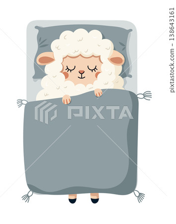 Cute Sleeping Sheep in Bed Nursery Illustration. Adorable lamb tucked under a blanket in soft pastel colors. Flat vector clipart, illustration with isolated background. Cute Sleeping Sheep in Bed Nursery Illustration. Adorable lamb tucked under a blanket in soft pastel colors. Flat vector clipart, illustration with isolated background. 138643161