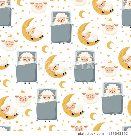 Seamless Cute Sleeping Sheep Nursery Pattern with Moon and Stars. Adorable lamb illustrations in soft pastel colors. Flat vector clipart, illustration with isolated background. 138643162