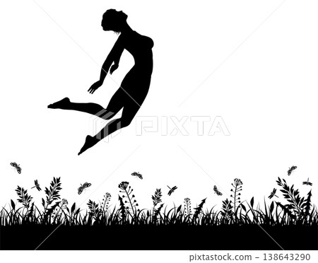 Nature background with silhouette jumping girl 138643290