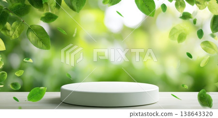 White concrete round podium, green flying leaves nature background. Scene stage showcase for organic cosmetic product, promotion sale, eco banner presentation. Stand empty cylinder platform cylinder White concrete round podium, green flying leaves nature background. Scene stage showcase for organic cosmetic product, promotion sale, eco banner presentation. Stand empty cylinder platform cylinder 138643320