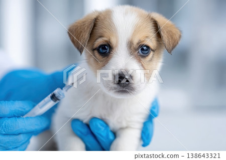 Vet Doctor giving injection to dog in clinic. Hands with syringe. Puppy receiving vaccination, sitting on table in veterinary clinic, Veterinarian in protective gloves and blue uniform vaccinating it Vet Doctor giving injection to dog in clinic. Hands with syringe. Puppy receiving vaccination, sitting on table in veterinary clinic, Veterinarian in protective gloves and blue uniform vaccinating it 138643321