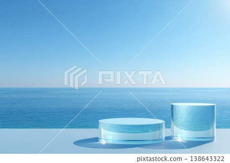 Two glass podiums on sea surface texture blue background. Pedestal display and water waves pattern for beauty, spa, cosmetic summer product present. Blank scene presentation platform mockup. 3D stand 138643322