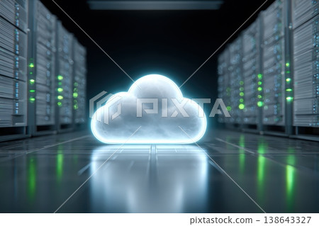 Server room with glowing blue neon cloud symbol on modern data center. Computing network. Futuristic digital technology. Data cloud storage, mining farm. Database, AI processing solutions, Internet Server room with glowing blue neon cloud symbol on modern data center. Computing network. Futuristic digital technology. Data cloud storage, mining farm. Database, AI processing solutions, Internet 138643327