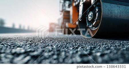 Process of asphalting, asphalt paver machine and steam road roller. The asphalt paver. Road works in the city. Construction machinery. Sunny day. Compacting freshly laid asphalt during paving work. 138643331