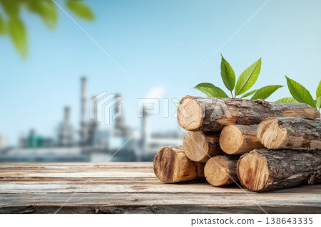 Pile of pellets, with industrial power plant factory background. Biomass granules piled on a wooden surface. Sustainability production aspect. Production of renewable fuel sources. Energy generation 138643335