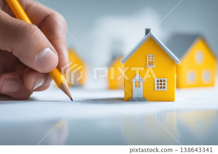 Miniature house on blueprints with a hand holding pencil. Building model close-up with contract paper, a new home conceptual. Plans and project documents. Architectural layout. Real estate background Miniature house on blueprints with a hand holding pencil. Building model close-up with contract paper, a new home conceptual. Plans and project documents. Architectural layout. Real estate background 138643341