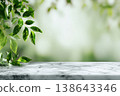 Light marble background for product presentation with tropical green leaves and shadow. Empty space podium, stage pedestal platform for cosmetic products. Blank surface showcase. Layout banner. Mockup 138643346