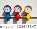 Industrial gauges extreme close-up details. Mechanical meters with dials. Technical pressure indicators with display. Measuring devices precise readings. Casings and metal pipes with numerical readout 138643347