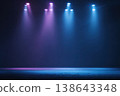 Illuminated podium on dark stage, empty neon spotlights. Purple and blue beams across glossy floor, soft gradient backdrop, dramatic studio mood. Spacious copyspace for product display or branding. 138643348