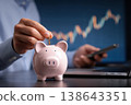 Hand putting coin to pink piggy bank with laptop and glowing upward financial growth graph in background. Saving money wealth. Save cash resources, planning of personal finances. Being thrifty theme. 138643351