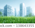 Green grass foreground in city park with buildings in the background. Harmony between lush fields and glass buildings blurred skyline. Sustainable urban renewal scene. Smart city futuristic cityscape 138643355