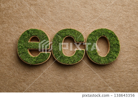 Green grass eco lettering on brown paper background. Nature theme. Green business, bio produce production. Eco simple wooden sign letters in natural setting. Environmental awareness efforts. Flat lay Green grass eco lettering on brown paper background. Nature theme. Green business, bio produce production. Eco simple wooden sign letters in natural setting. Environmental awareness efforts. Flat lay 138643356