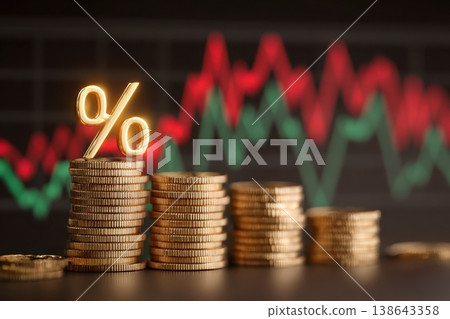 Gold coin stacks with a percentage symbol among a rising stock market graph for interest rates. Investment returns. Percent sign financial growth. Price Inflation Trend. Stacked money profit increase. Gold coin stacks with a percentage symbol among a rising stock market graph for interest rates. Investment returns. Percent sign financial growth. Price Inflation Trend. Stacked money profit increase. 138643358