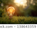 Glowing lightbulb in moss forest setting background. Warm light bulb, symbolizing sustainable energy innovation. Environmentally natural landscape. Eco-friendly ideas. Green business. ESG concept 138643359