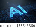 Glowing AI microchip on digital circuit board background, futuristic technologies. 3d Rendering. Artificial intelligence glowing micro chip intricate circuitry. Machine Learning Technology Processor. 138643360