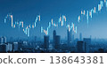 Double exposure City backdrop with financial charts glowing indicators. Metropolitan horizon and fiscal trends. Blurred skyscrapers overlaid stock market charts, rising line graphs. Cool blue tones 138643381