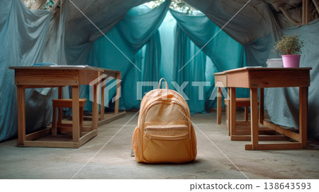Class in a safe space with wooden desks and a yellow backpack on the floor during a sunny day Class in a safe space with wooden desks and a yellow backpack on the floor during a sunny day 138643593