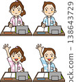 An illustration of Japanese elementary school students attending class. A boy and a girl are sitting at desks. 138643729