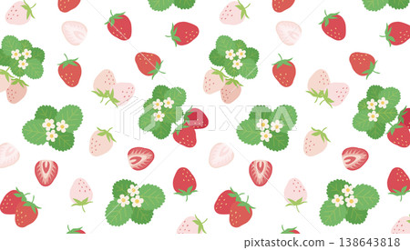 少女可愛草莓圖案：白色草莓、切片草莓、花朵和葉子，無縫背景裝飾插圖。 138643818