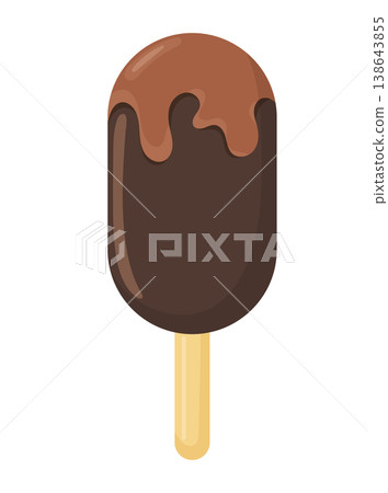 Eskimo ice cream with chocolate glaze on a wooden stick. Flat vector clipart, illustration with isolated background. Eskimo ice cream with chocolate glaze on a wooden stick. Flat vector clipart, illustration with isolated background. 138643855