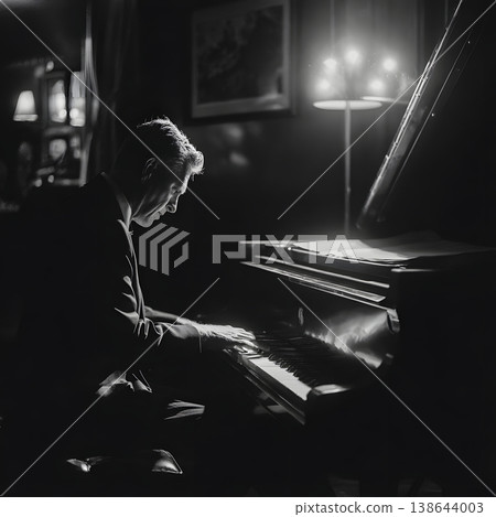 一位男鋼琴家在平靜祥和的環境中演奏。 138644003
