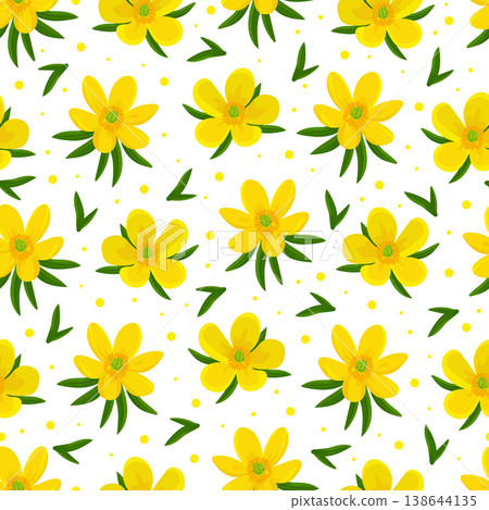 Eranthis hyemalis flower seamless pattern. Flat vector clipart, illustration with isolated background. Eranthis hyemalis flower seamless pattern. Flat vector clipart, illustration with isolated background. 138644135