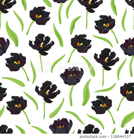 Black Parrot Tulip flower seamless pattern. Flat vector clipart, illustration with isolated background. Black Parrot Tulip flower seamless pattern. Flat vector clipart, illustration with isolated background. 138644137