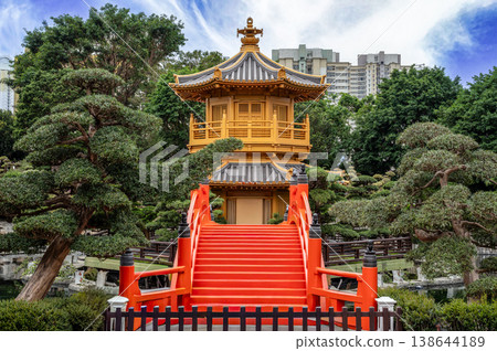 Golden Pavilion of Absolute Perfection Nan Lian Garden red bridge traditional Chinese architecture green trees park landmark Hong Kong culture view Golden Pavilion of Absolute Perfection Nan Lian Garden red bridge traditional Chinese architecture green trees park landmark Hong Kong culture view 138644189