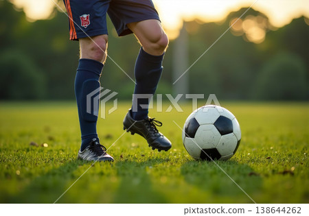 Man playing soccer outside, football players kicking ball. AI Generative 138644262