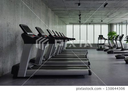 Many treadmills in row the background of interior of sports gym. AI Generative 138644306