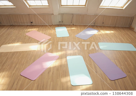 Fitness gym interior, yoga mats and gym equipment lying on floor. AI Generative 138644308
