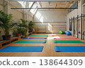 Fitness gym interior, yoga mats and gym equipment lying on floor. AI Generative 138644309