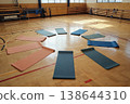 Fitness gym interior, yoga mats and gym equipment lying on floor. AI Generative 138644310